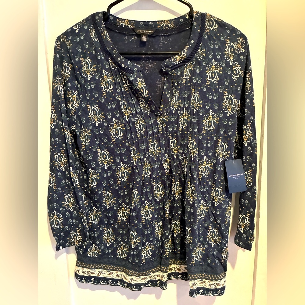 New Lucky Brand navy blue pattern boho pullover Henley blouse shirt top